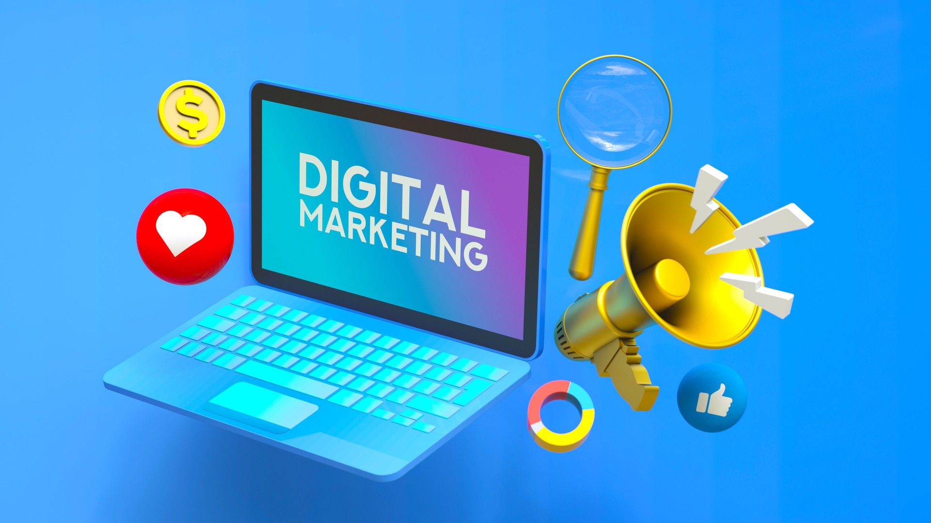 Digital Marketing Concept with Laptop, Megaphone, and Social Media Icons – Online Advertising, SEO, and E-Commerce Promotion - 3D Illustration